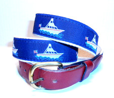 VTG Leather Man Essex Belt 40 Blue Embroidered Schooner Boat Canvas Nautical