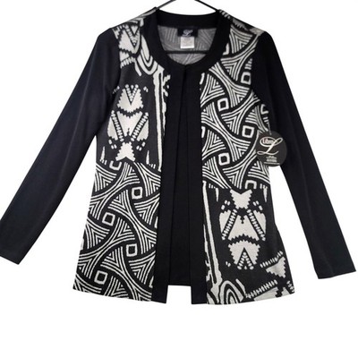 Libra Open Front Cardigan S Black White Geometric Artsy 90s Monochrome
