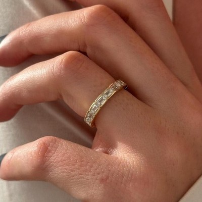Bezel Set East West Emerald Cut Eternity Band 14K Gold Wedding Anniversary Band