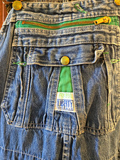 Liberty Denim Bib Overalls, Green Trim Brass Buttons Green Zipper, Size M, Mens