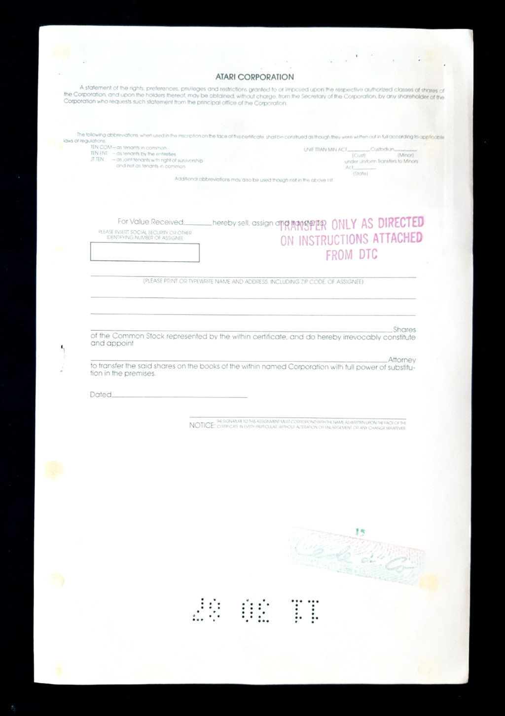 🔥 ATARI CORPORATION Video Games 1987 Stock Certificate ~ TRAMIEL ~ 500 Shares