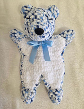 Handmade Crocheted Blue White Teddy Bear Mini Plush with Ribbon