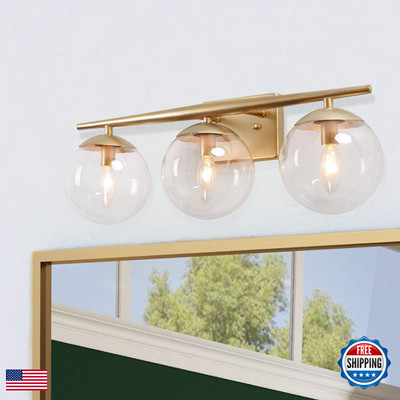 Ksana Gold Vanity Light3 Modern Bathroom Fixture Clear Globe Glass Shades And