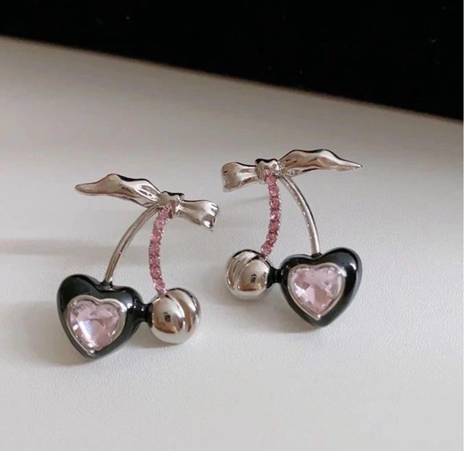 Lindos Pendientes Corazón y Cereza Circón Rosa Foto 3 de 4