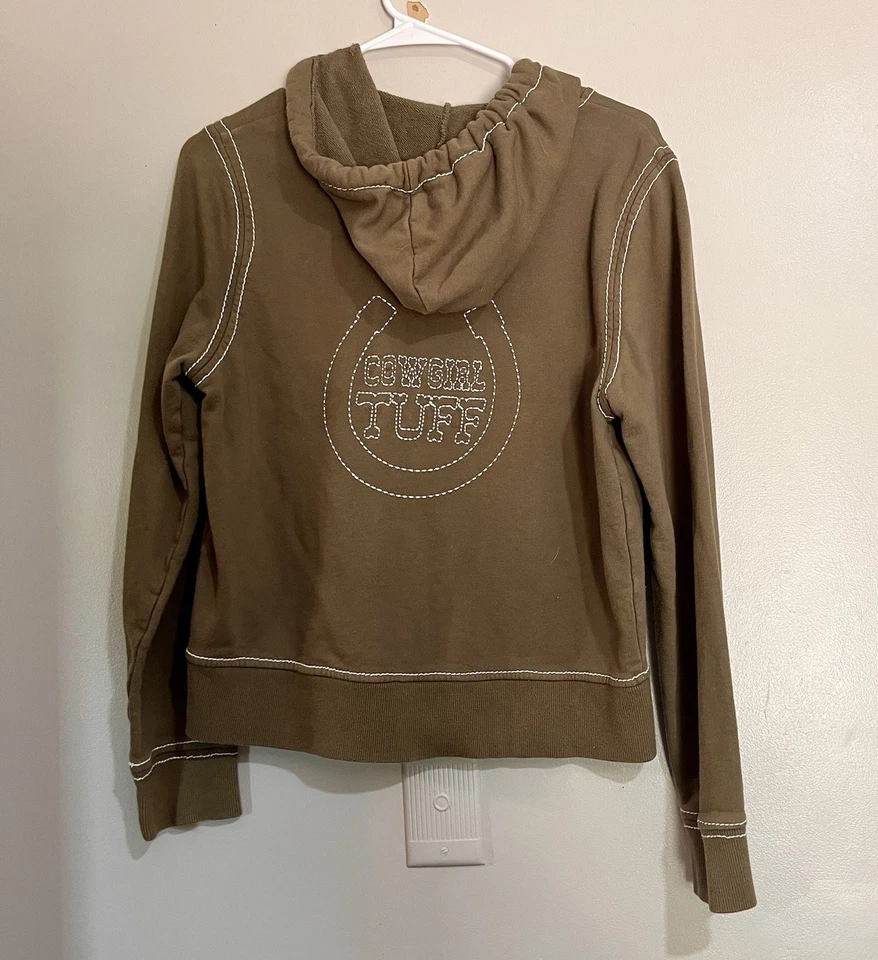 Cowgirl Tuff Hood Sweatshirt Zip Up Women Large Green Western Grunge Embroidered - Image 4 of 4