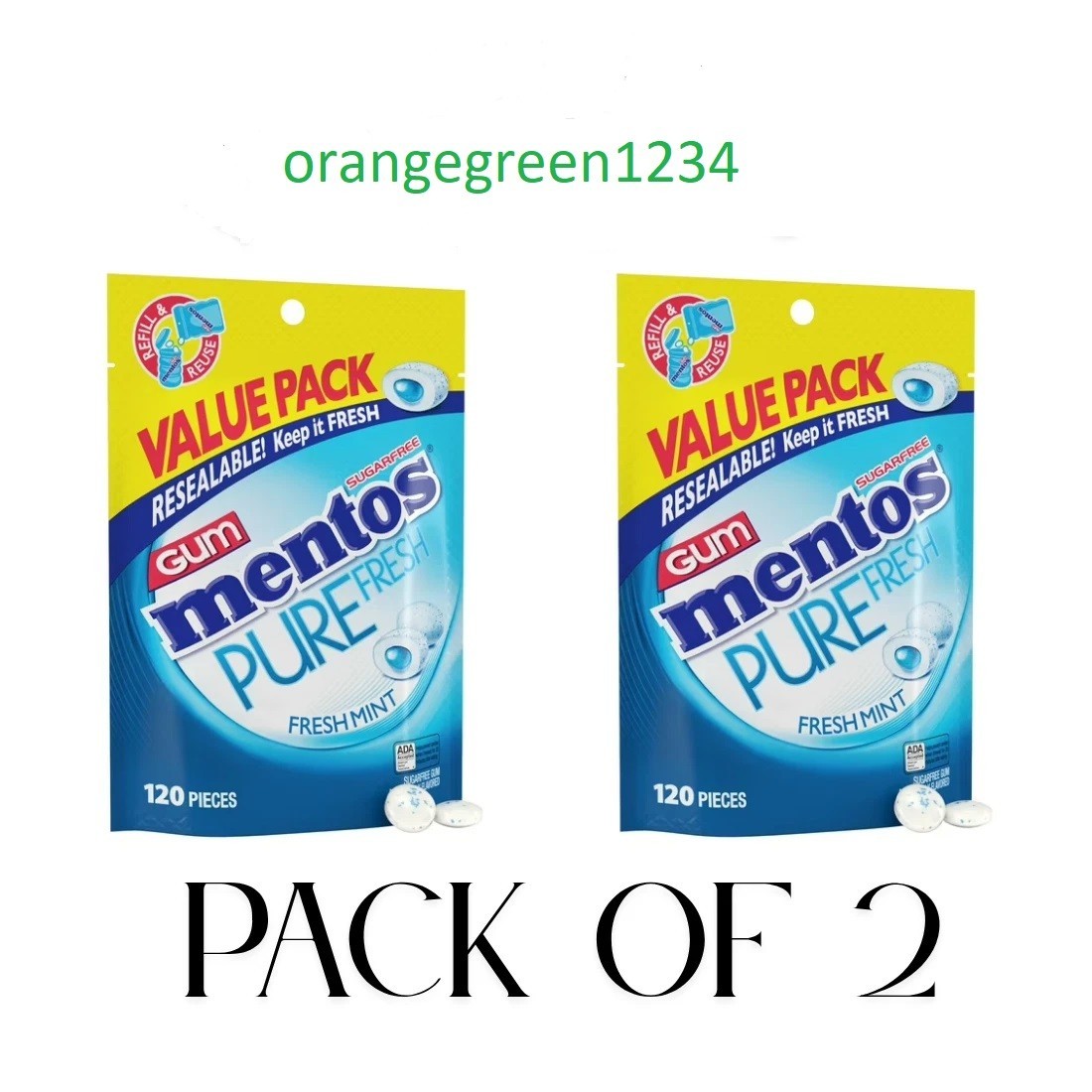 (PACK OF2) Mentos Pure Fresh Mint Sugar Free Gum Extra Value Pack 120 Count
