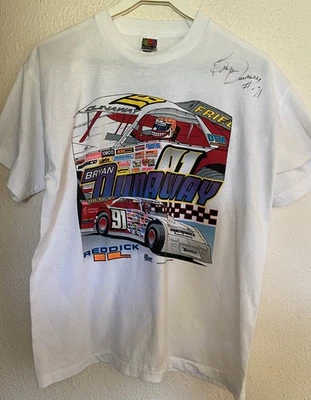 Vintage 90s T-shirt Dirt Track Stock Car Signed by Bryan Dunaway Size L USA - Image 1 of 4