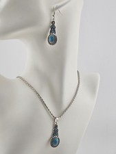 Silver Tone Necklace  Dangle Earring Set With Turquoise Colored Stones J14-3525