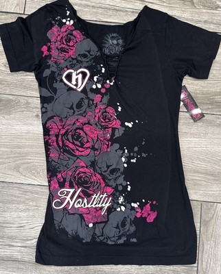 Hostility Clothing Braided V Neck Tee Sexy Rose Heart Skull T-Shirt  Size Medium