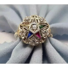 Art Deco Style Lab Created Diamond Eastern Star Wedding 14K White Gold FN Ring