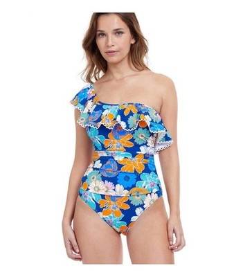 PROFILE BY GOTTEX Rising Sun One Shoulder Ruffled Swimsuit NWT $148
