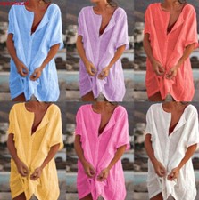 New Women Shirt Dress Plus Size Short Sleeve Beach Blouse Summer Baggy Tunic Top