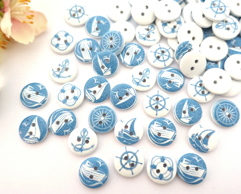 10x Knopf 15mm Rund Maritim Anker Boot Knöpfe Kinder Jungen Buben blau weiß Meer - Bild 2 von 4