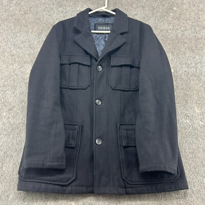 Guess Jacket Mens Large Black Pea Coat Wool Mackinaw Quilted Lined Utility Chore