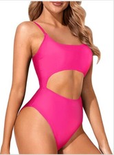 Women Cutout One Piece Swimsuit Lace Up Scoop Neck High Cut Strappy Medium 