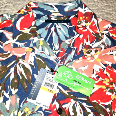 NEW PERRY ELLIS, MENS SMALL, HAWAIIAN ECO-VERO BUTTON-UP CAMP SHIRT, MSRP $79.50