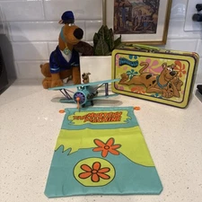 Vintage Scooby Lot - Police Plush Stuffy, Draw String Bag, Airplane, & Lunchbox