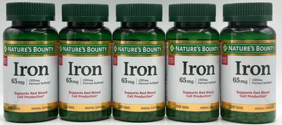 5PK Nature's Bounty Iron 65 mg ~ 100 Tablets EACH ~ EXP 1/29 ~ SEALED ~FAST SHIP