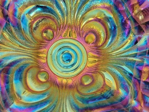 Antique Fenton? Carnival Glass Blue/Purple Tail Feathers Whimsy Bowl 6"