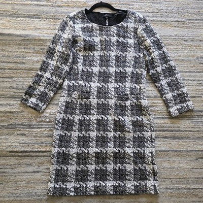 Claudia Sträter L UK12 US8 Tweed Kleid Schwarz Weiß Baumwolle Italienischer S...