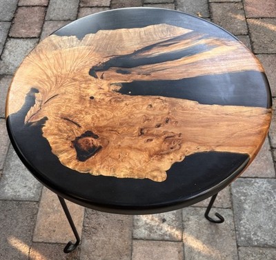 Custom Made Black Resin Maple Burl Wood Side Table. Wrought Iron Stand W/shelf