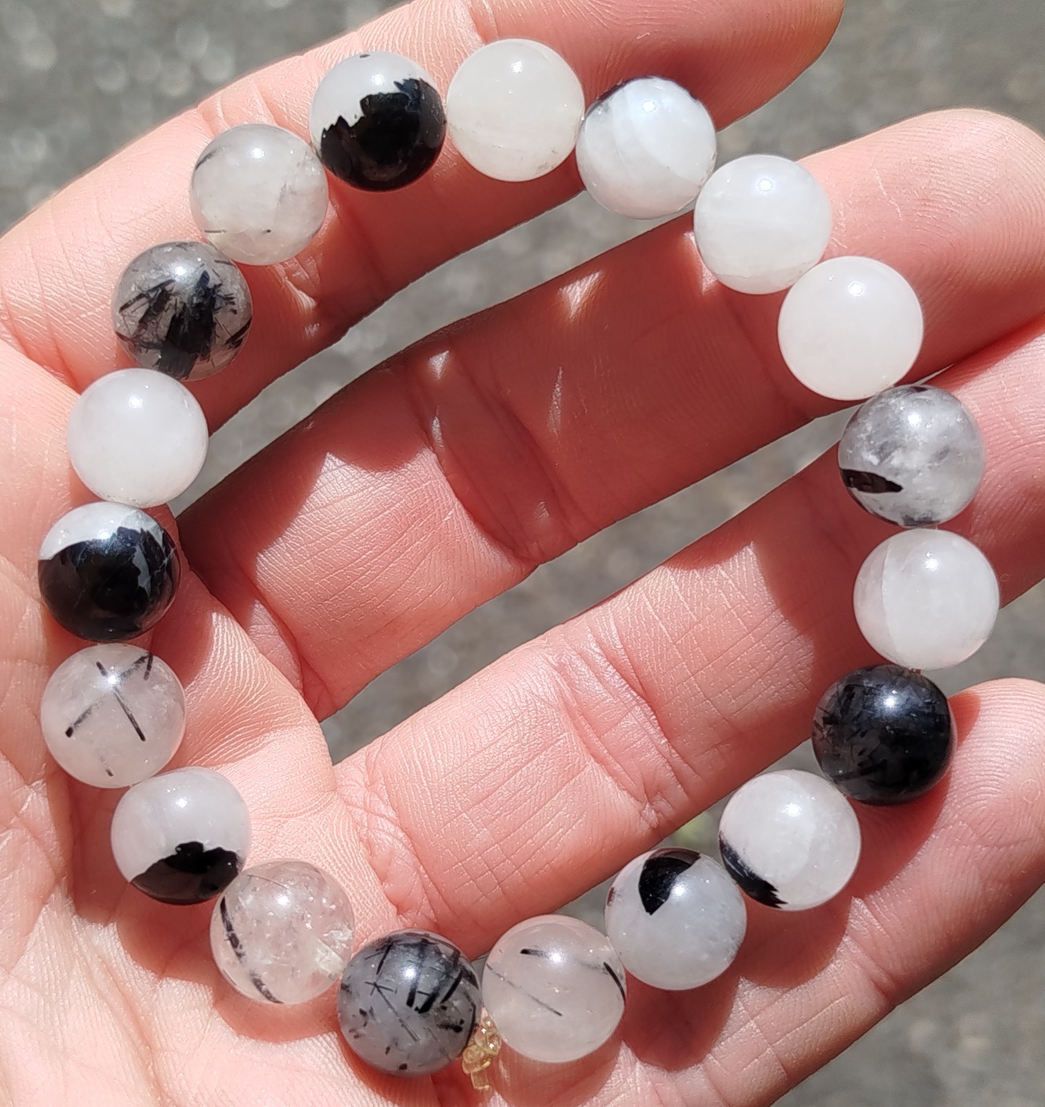 Bracelet quartz rutile tourmaline noire perles 10mm bijou minéral homme femme