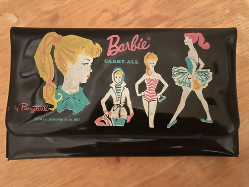 Vintage 1962 Mattel Ponytail Barbie Black Carry All, 7" clutch wallet
