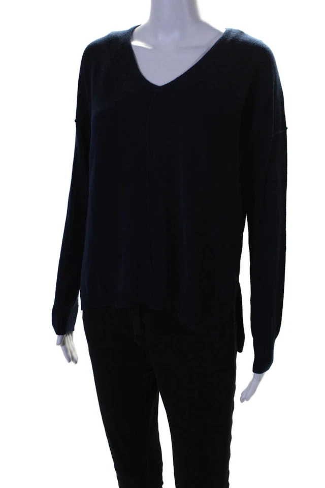 Feel The Piece Womens Long Sleeve Side Slit V Neck Sweater Blue Cotton One Size - Image 2 of 4