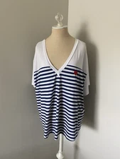 NWOT SHEIN Curve Navy Blue & White Striped Heart Embroidered V-Neck T-Shirt 4XL