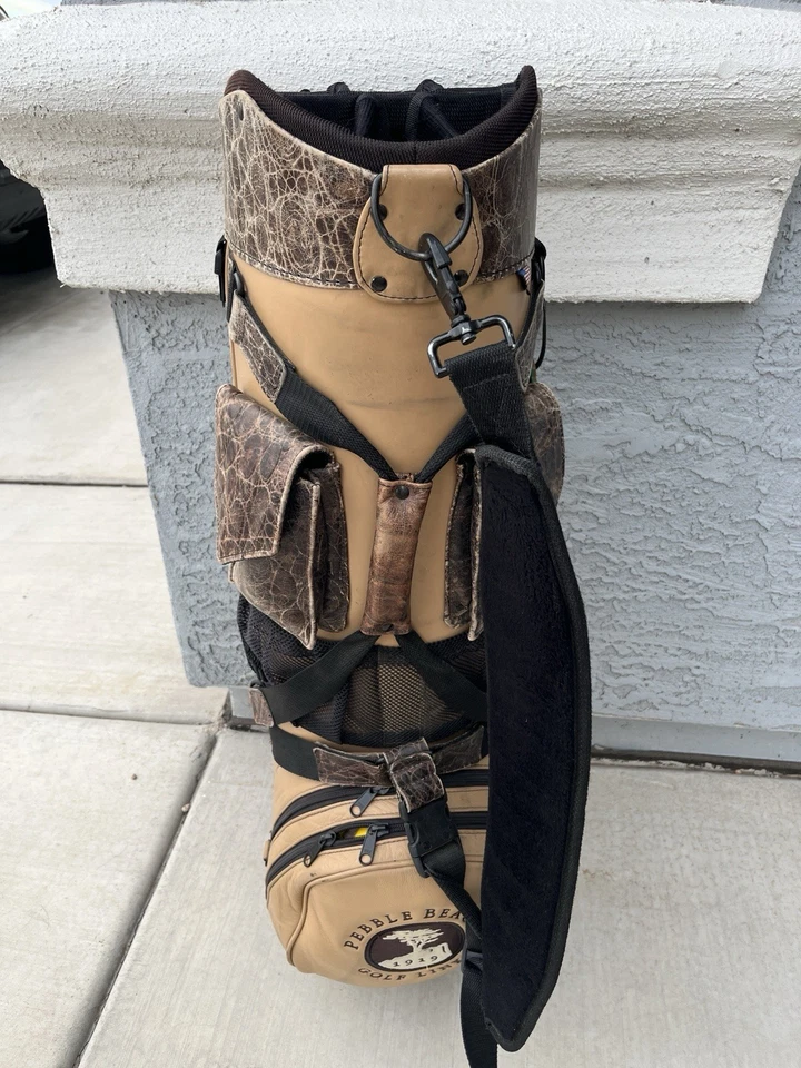 Bolsa de golf Belding Bushwhacker marrón cuero agrietado 14 vías guijarros playa logotipo Foto 3 de 4