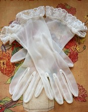 VINTAGE 50s-60s WHITE NYLON GLOVES WITH EYELET LACE RUFFLE CUFFS AND FAUX PEARLS
