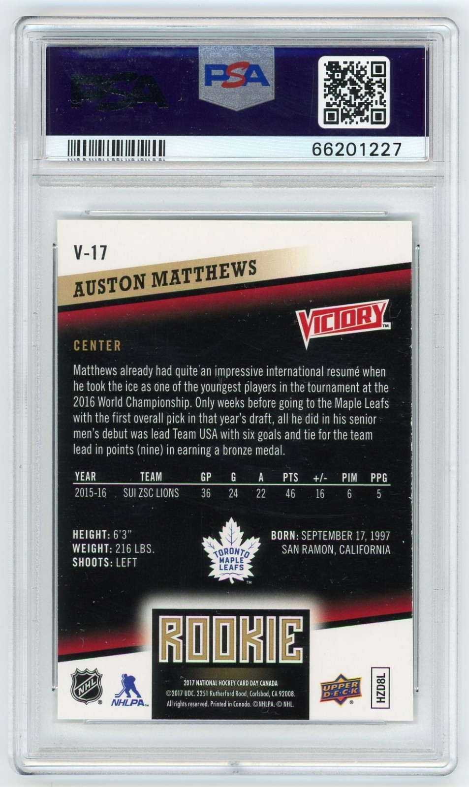 2016-17 UD Victory Black Auston Matthews Rookie #V-17 RARE SSP RC PSA 10 Pop 2 view 2