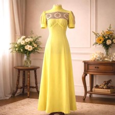 1970s Prairie Dress Vintage Yellow Lace Maxi Cottagecore Garden Party