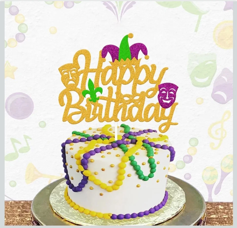 1 pieza Mardi Gras Feliz Cumpleaños Pastel Topper Brillo Mascarada Tema Fat Tuesday Foto 3 de 4