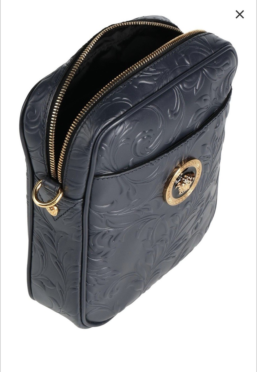VERSACE エンボスショルダーバッグ ネイビー Versace Messenger Embrossing Calf Leather Barocc Navy Blue-gold