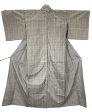 Vintage Japan Silk Tsumugi Kimono Hitoe Unlined S 26.8in Yuki Stripe Traditional
