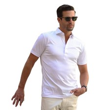 COLLARS  CO Mens Semi Spread Button Collar Polo Navy Polka Dot White NWT Medium