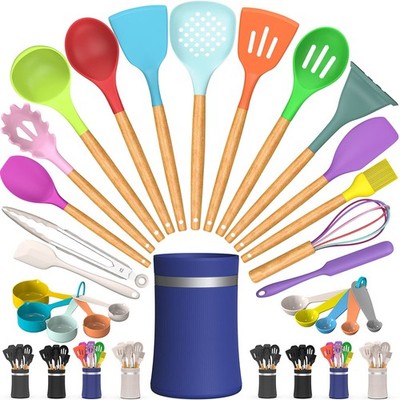 26 PCS Colorful Silicone Kitchen Cooking Utensil Spatula Set Wooden Handle