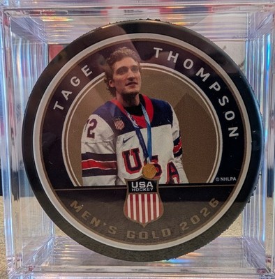 Tage Thompson Souvenir Puck TNT Olympic Gold Medal USA NHL in Ultra Pro Case