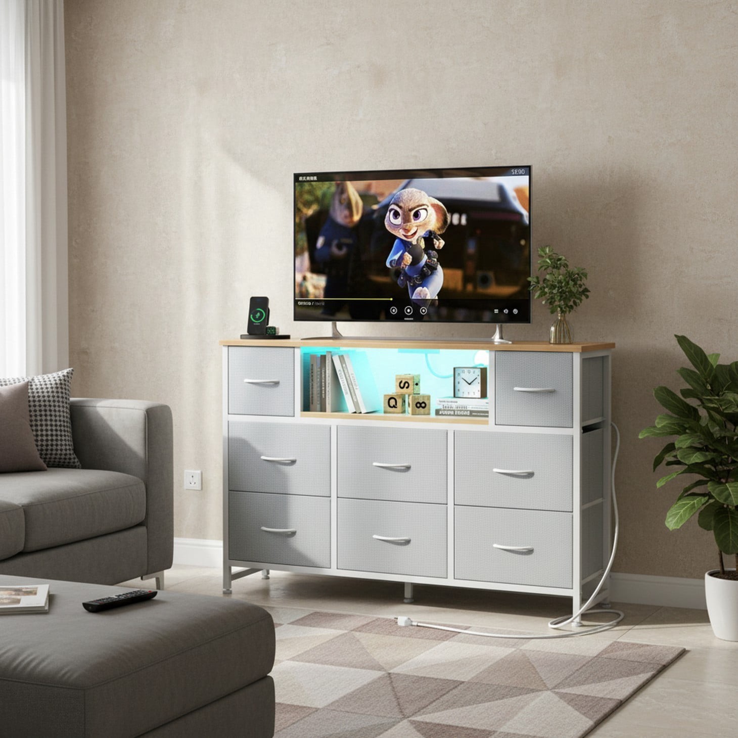 47" TV Stand with 8 Fabric Drawers&Power Outlet&LED Light&Wooden Top&TV Console
