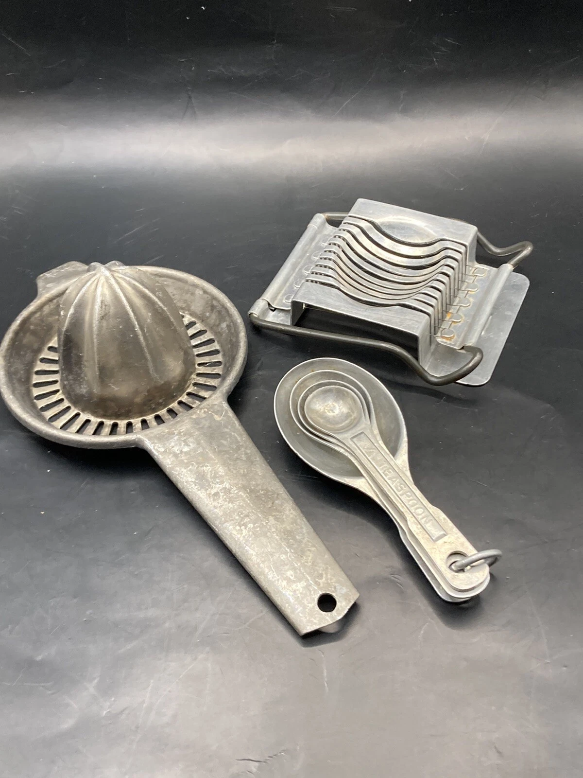 vintage lot of 3 aluminum kitchen utensils egg slicer measuring spoons Foley Jui