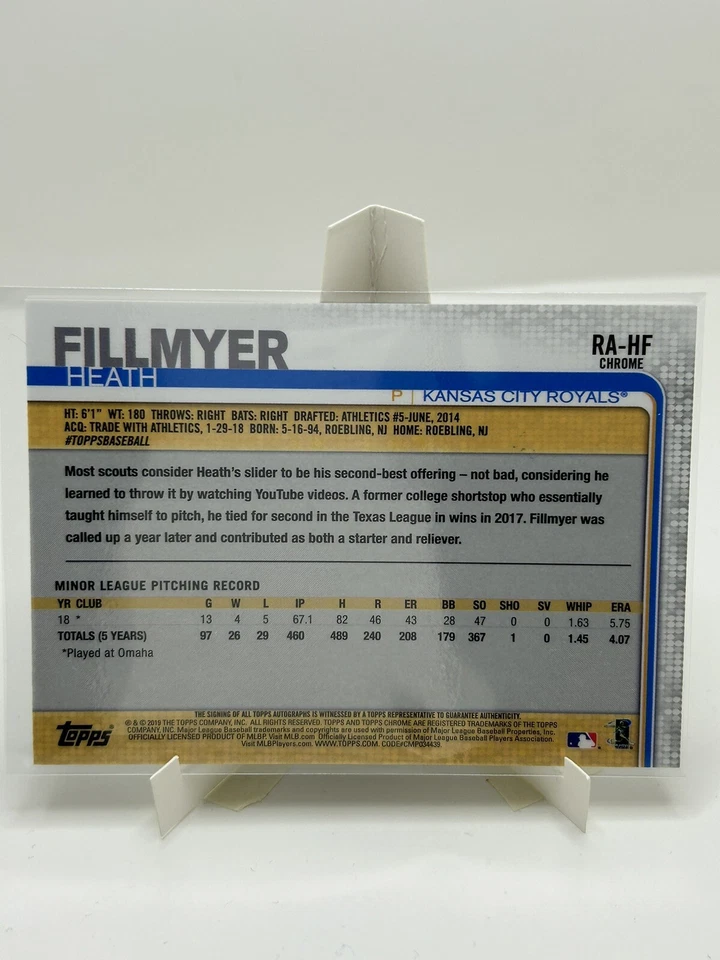 2019 Topps Chrome Heath Fillmyer Rookie Autograph Kansas City Royals MLB #RA-HF - Image 2 of 2