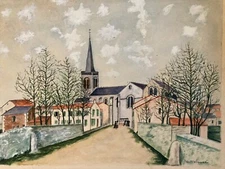 Beautiful Drawing 1950 Watercolour Painting Village Art Raw Naif to Identify Old