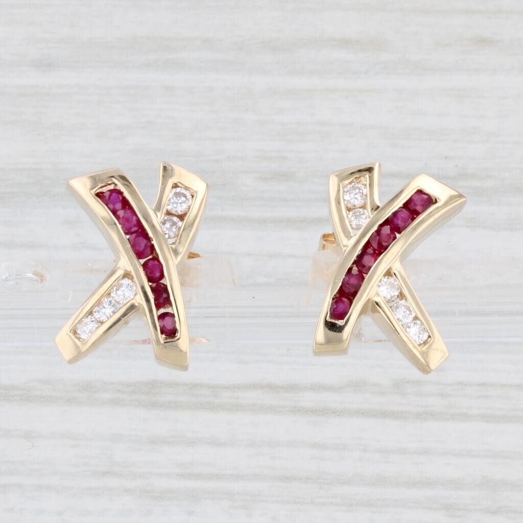 0.59ctw Ruby Diamond X Crossover Earrings 14k Yel… - image 1