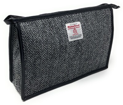 Harris Tweed Black and Grey Herringbone Toiletries Wash Bag UK