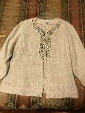 Chico's Size 2 Shiny Gold Linen Fabric Jeweled Jacket,3/4 sleeve, pre-owned