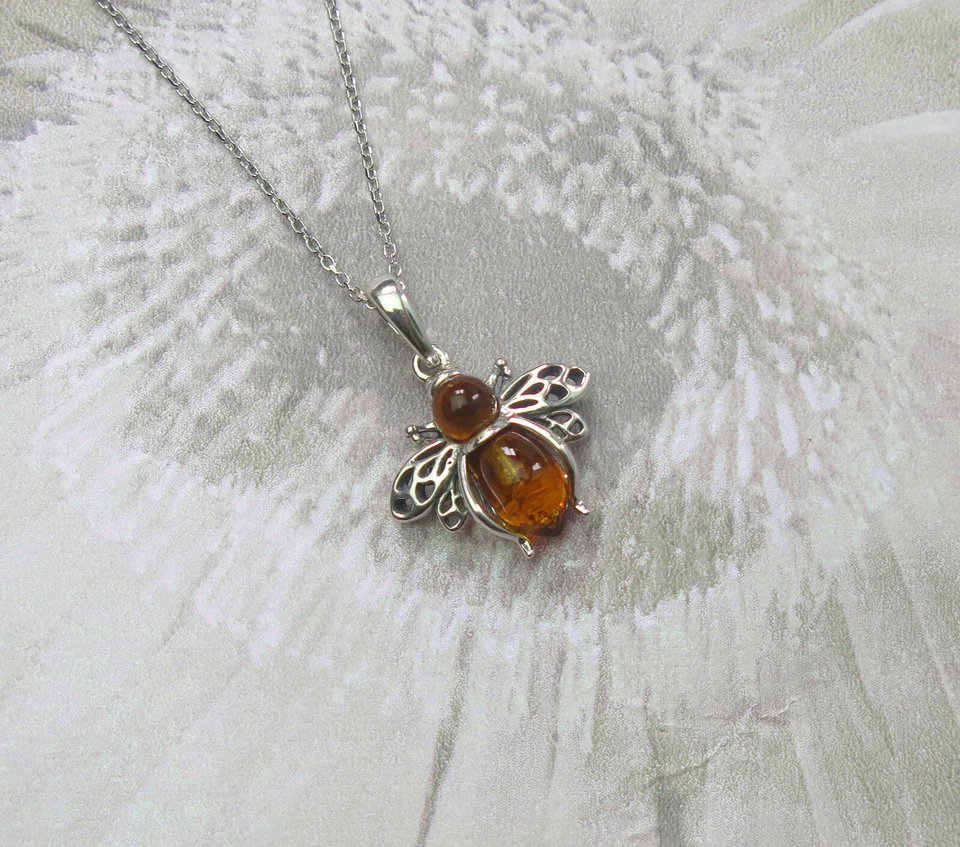 Argento Sterling Vero Originale Cognac Ambra Fortuna Ape Ciondolo Collana Mamma - Immagine 3 di 3