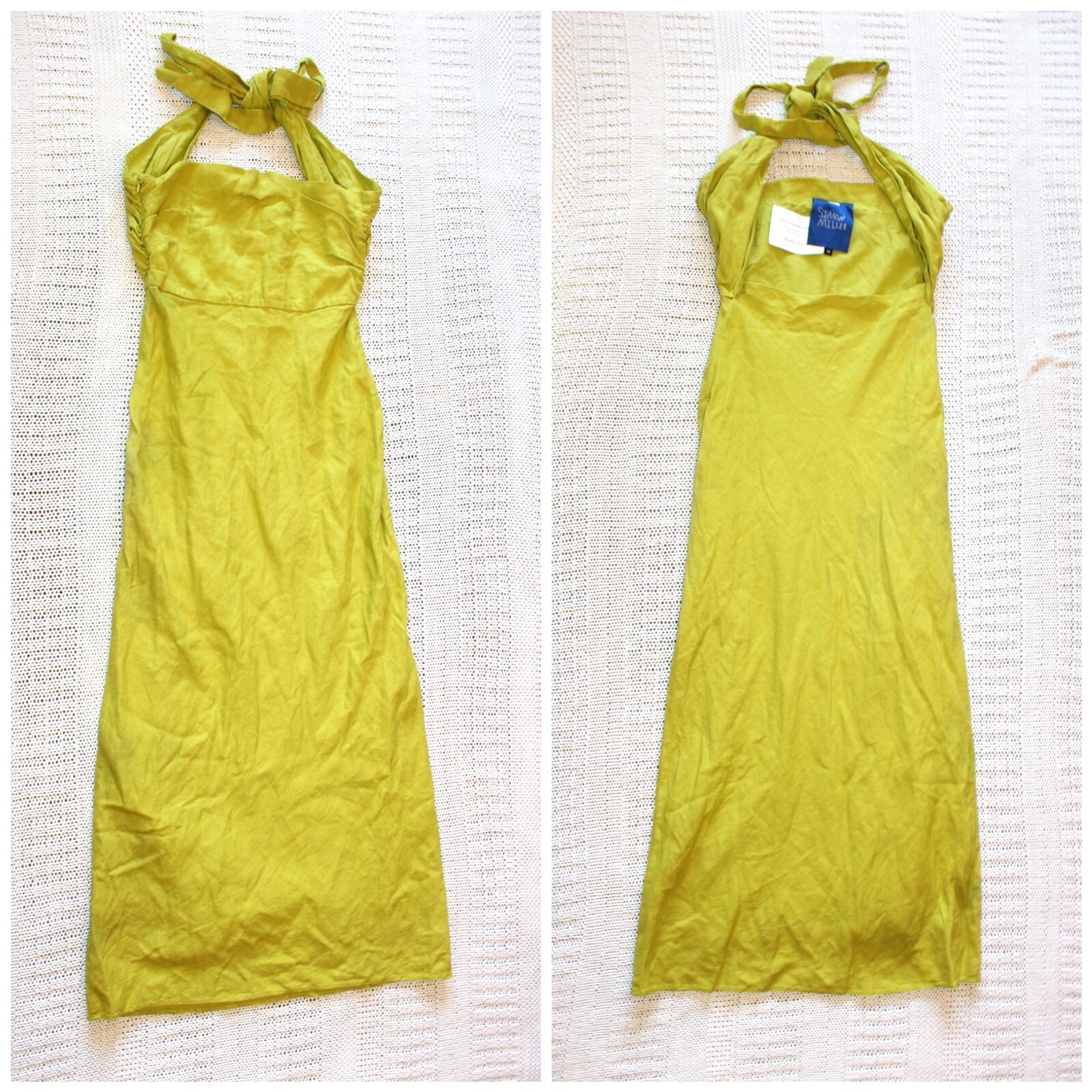 NWT Simon Miller kiwi Green linen Midi dress Size M Open Back Neck tie preppy