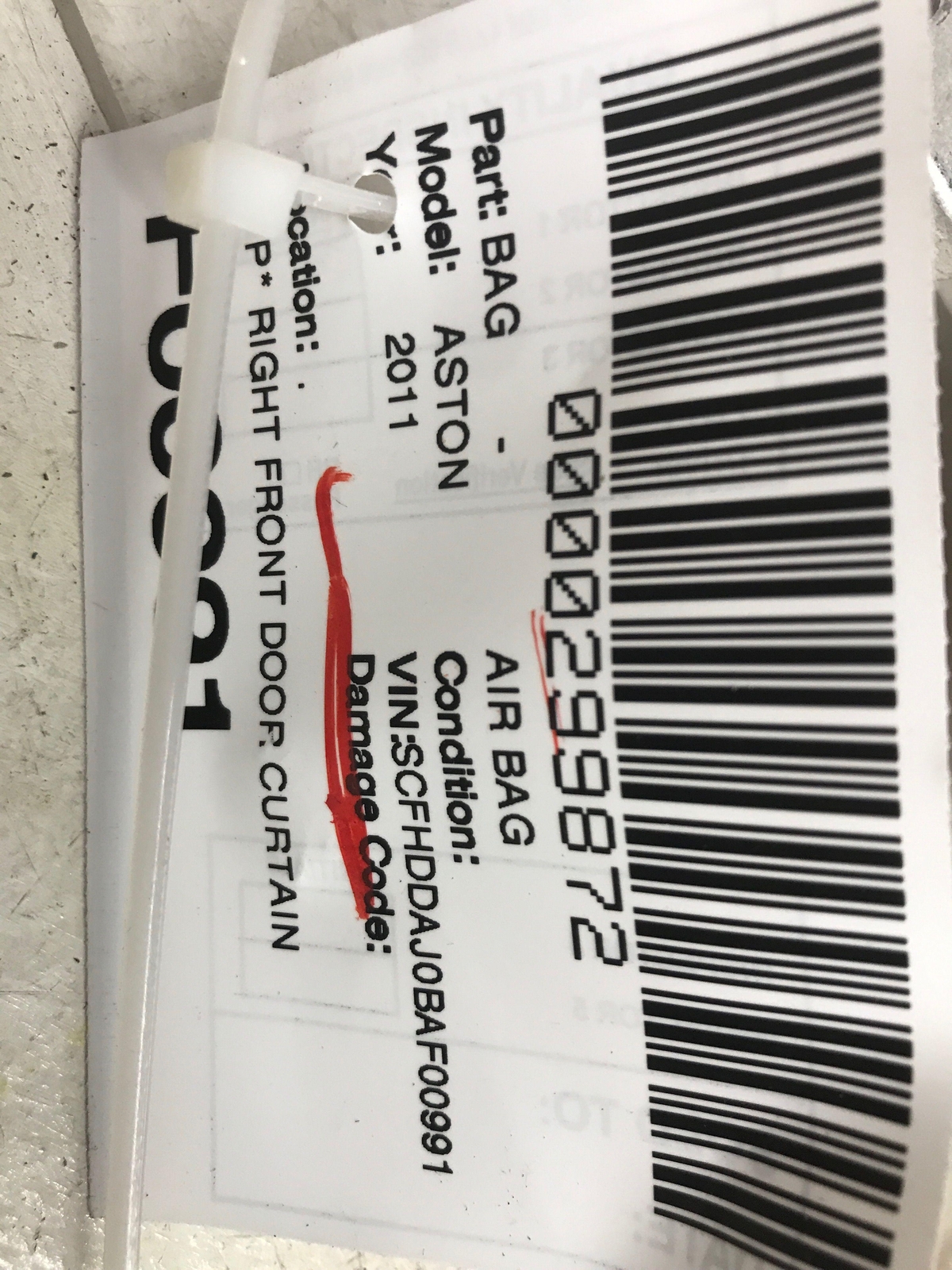 2011 ASTON MARTIN RAPIDE RIGHT FRONT DOOR CURTAIN AIRBAG AD43-B14K159-AE OEM