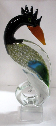 14" Tall Handblown Glass Bird of Paradise Peafowl Peacock